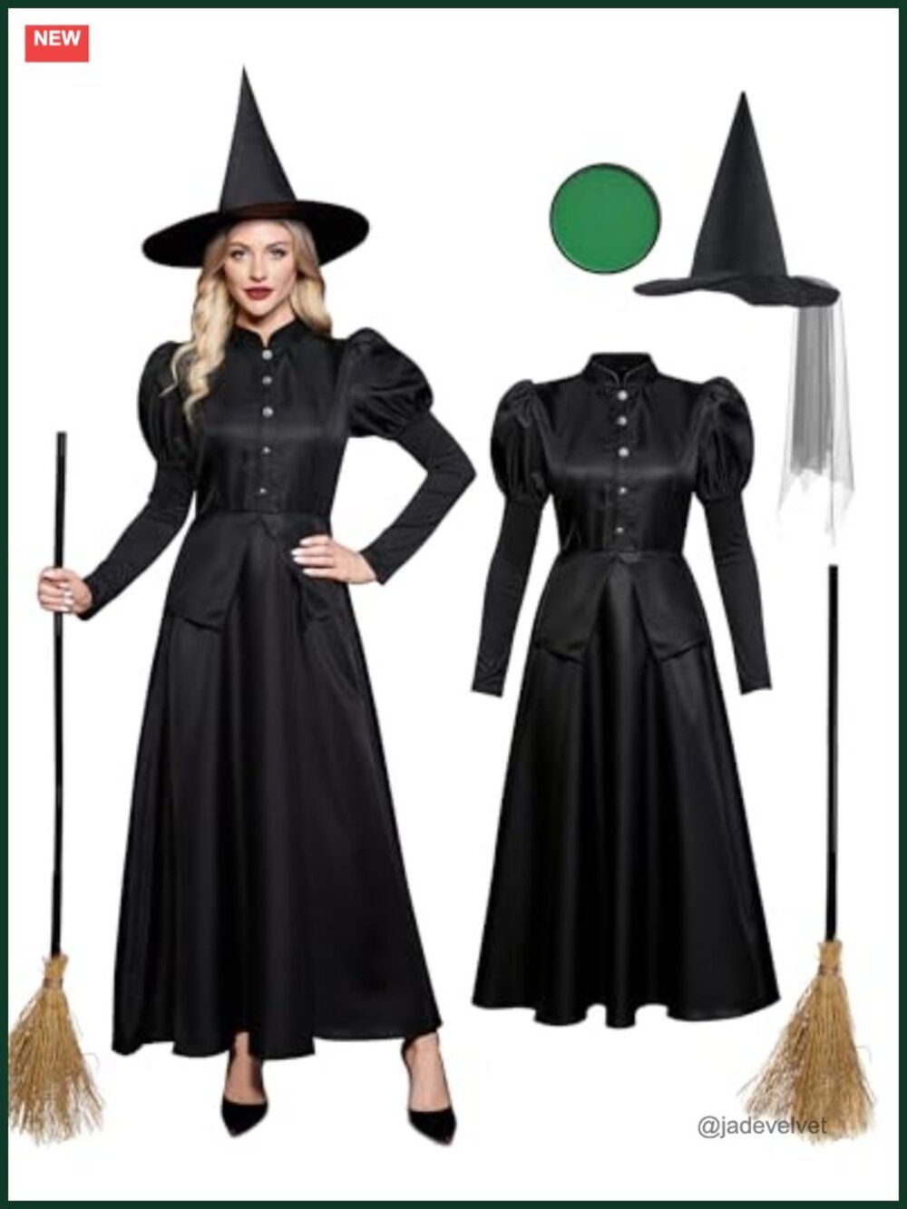 Wicked Witch Gothic Costume Dress Hat Broomstick 4pc Set